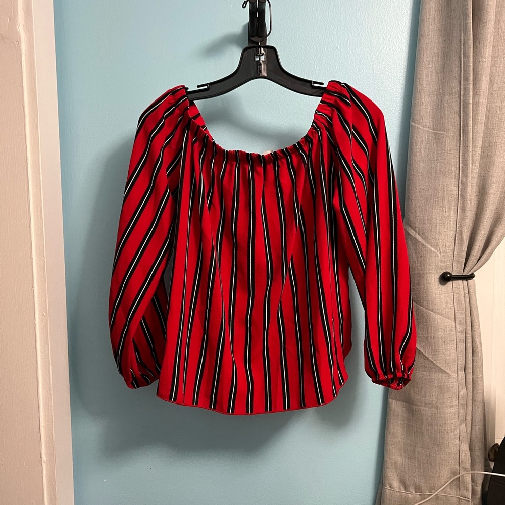Windsor Red Ruffled Blouse with Black Stripes
